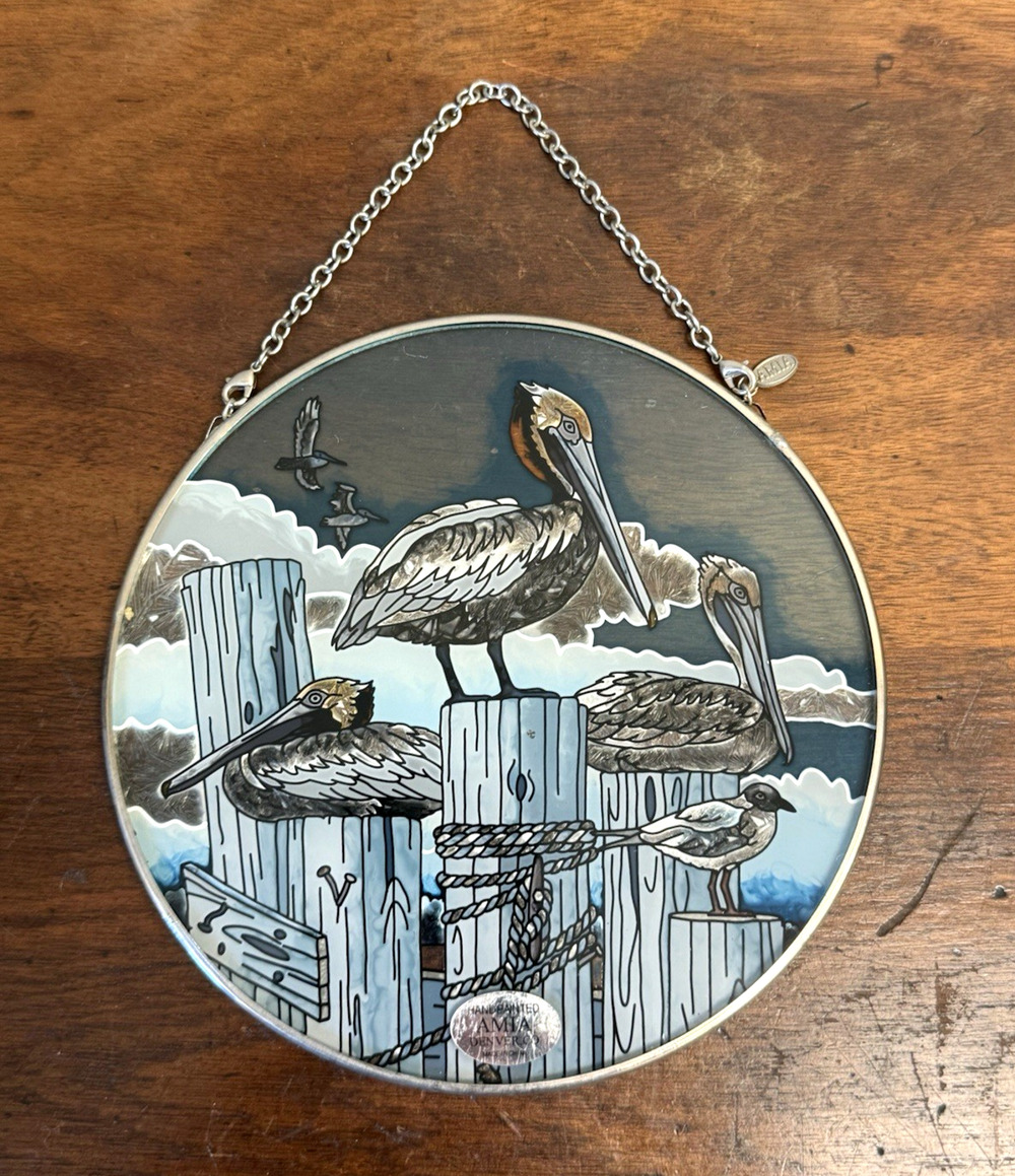 AMIA Hand Painted Glass Suncatcher Pelicans Coastal Nautical Wall Decor 6.5"